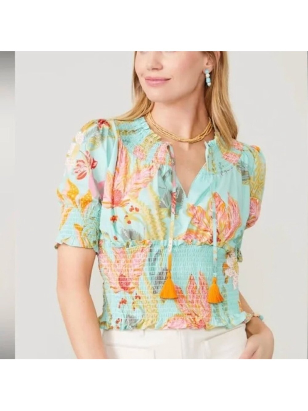 Spartina 449 Anya Smocked Blouse Queenie Tropical Floral Sea Foam Size Small